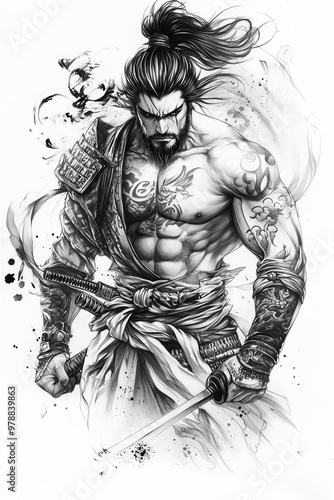 
A tattoo design of the samurai warrior in black and white ink, with detailed shading that captures his muscular physique, holding japanize weapon photo