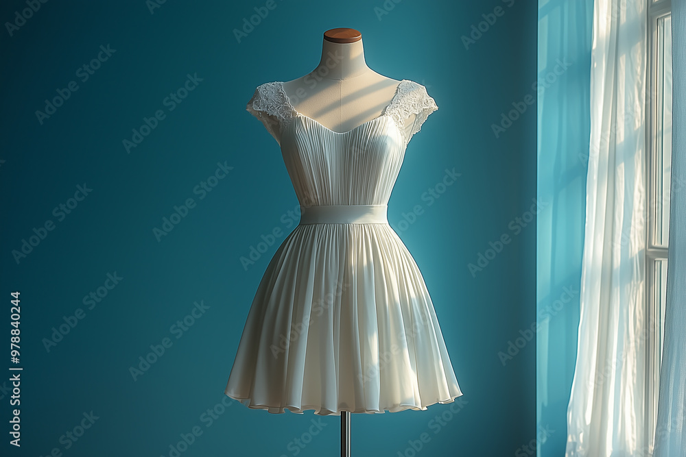 A simple white dress on an empty mannequin. Generative AI. A simple white dress on an empty mannequin. Generative AI.