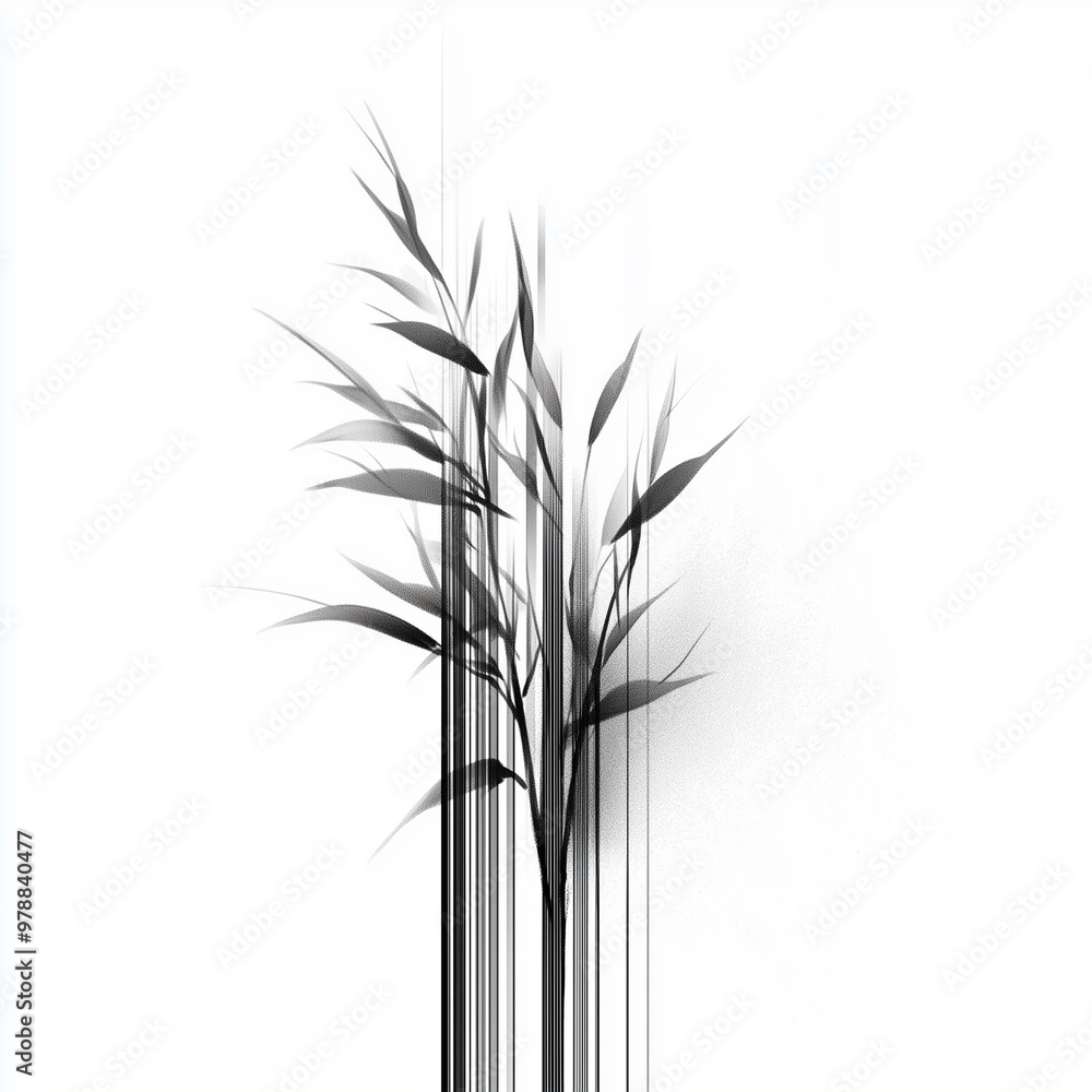 Fototapeta premium Sketch for tattoo of reeds, minimalistic line art of reeds with a high-tech twist, featuring sleek, modern details and abstract digital accents, all on a 100% white background