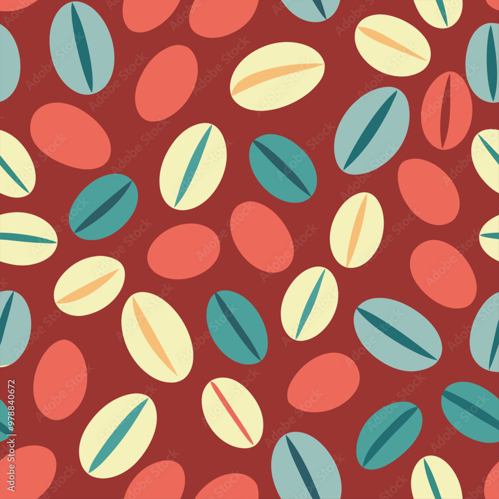 Hot coffee drink abstract geometric pattern. Geometrical shape composition, retro vector background or corporate identity abstract pattern with coffee bean, leaf, turkish jezve, takeaway paper cup Hot coffee drink abstract geometric pattern. Geometrical shape composition, retro vector background or corporate identity abstract pattern with coffee bean, leaf, turkish jezve, takeaway paper cup