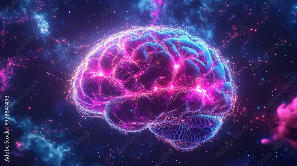 Neon-Lit Digital Brain with Interconnected Synapses and Cosmic Background Featuring Stars and Celestial Bodies Neon-Lit Digital Brain with Interconnected Synapses and Cosmic Background Featuring Stars and Celestial Bodies