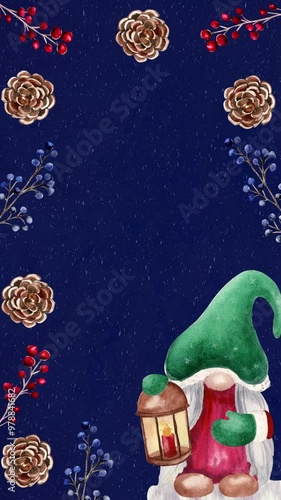 New Year's background for stories with a watercolor illustration of a gnome with a flashlight