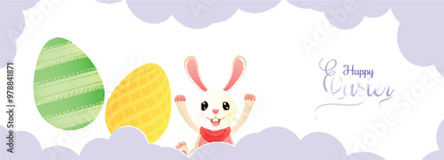 Easter Festival Celebration Banner or Header Design with Printed Eggs, Cute Bunny Raised Hands Illustration.