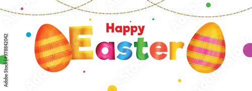 Colorful Easter Text with Glossy Eggs on White Background, Social Media Banner or Header Design.