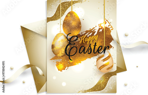 Happy Easter Greeting Card Decorated with Golden Eggs and Envelope Illustration.