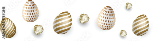 Glossy Realistic Easter Eggs and Flowers Decorated Background.
