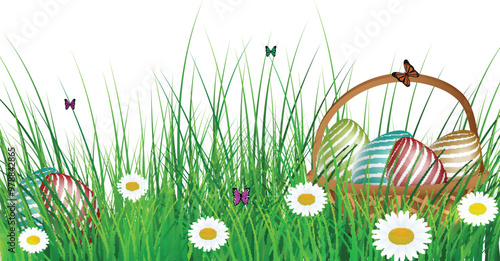 Colorful Realistic Easter Eggs in Basket with Butterflies on Daisy Floral Field Background.