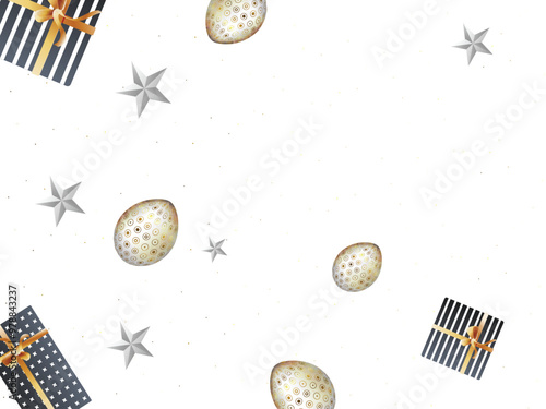 Top View of Easter Eggs with Stars, Gift Boxes Decorated Background and Copy Space.