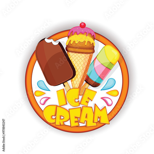 Ice cream shop logo badge and labels, sticker for cafeteria or bar advertising.