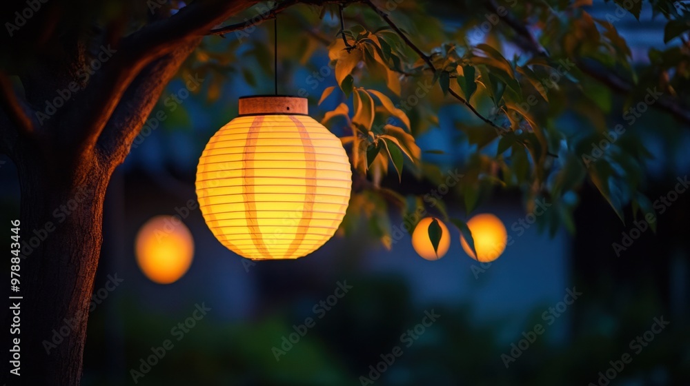 Fototapeta premium A warm yellow lantern hanging from a tree branch, softly lighting a garden at night.