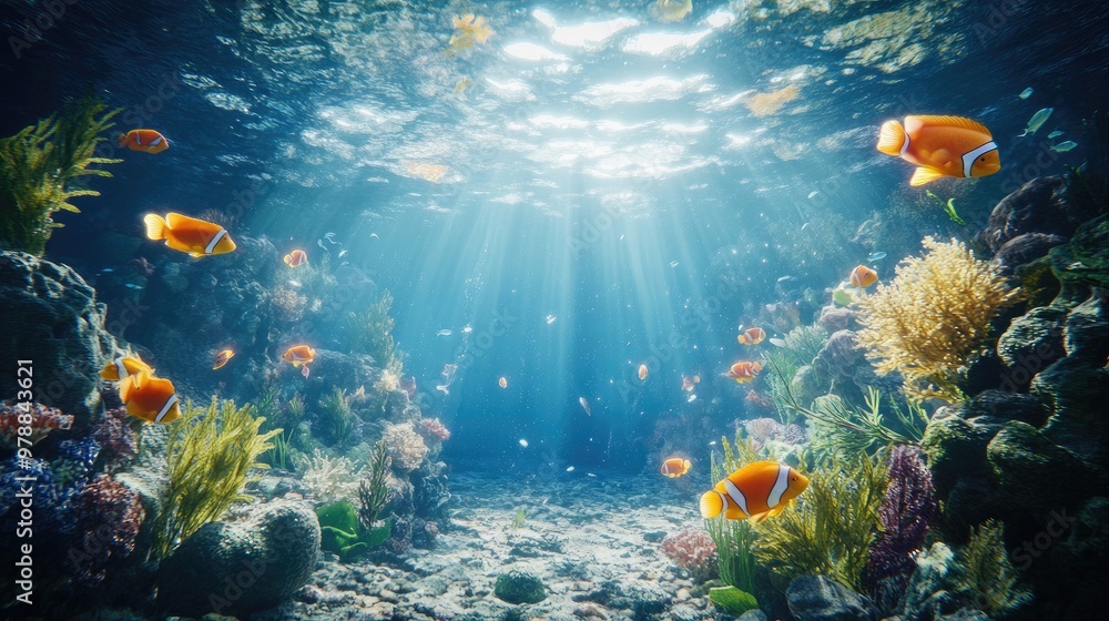 Naklejka premium A peaceful underwater view of ocean life, showcasing the beauty of fish and coral illuminated by sunlight, creating a tranquil outdoor scene.