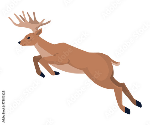 Running deer jump. Cute jumping fallow-deer with antlers, wild artiodactyl horned animal isolated on white. Happy new year decoration. Merry christmas holiday celebration. Hunting season and zoo