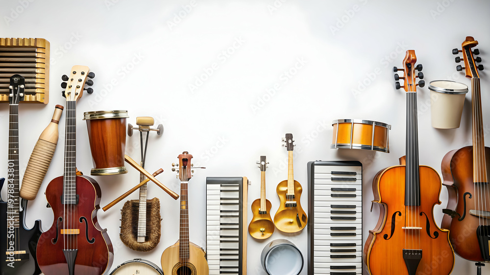 Naklejka premium Creative musical instruments on a white background , music, instruments, creativity, artistic, design, innovative, composition