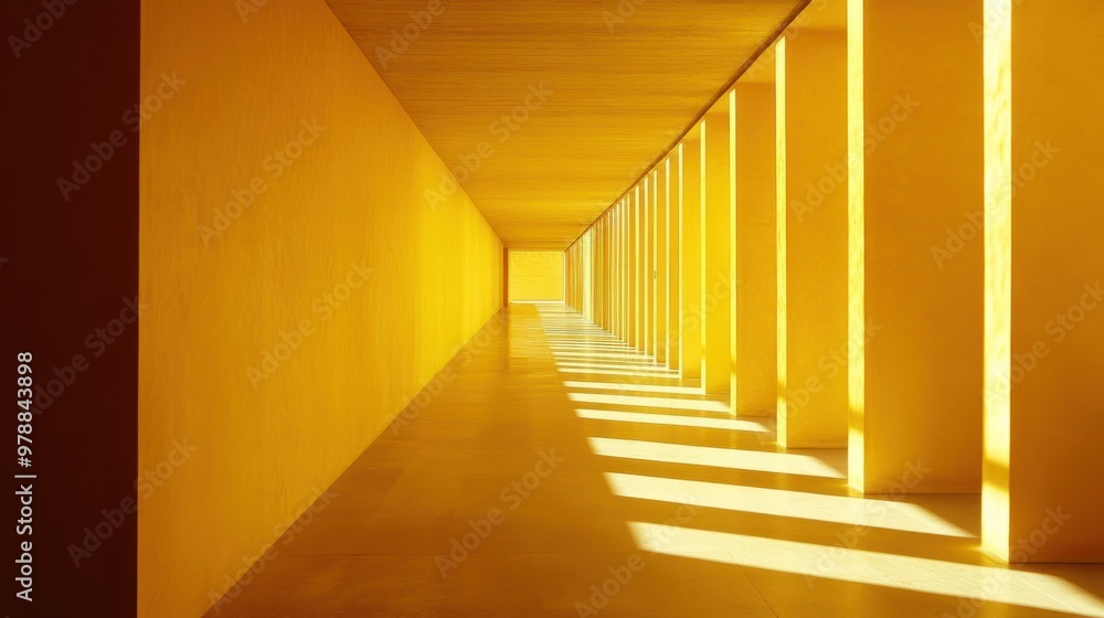A yellow-lit hallway in a modern home, with shadows stretching across the walls. A yellow-lit hallway in a modern home, with shadows stretching across the walls.