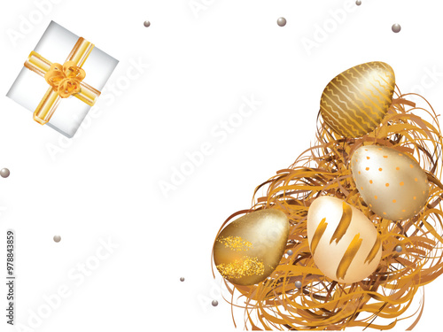 Top View of 3D Golden Easter Eggs with Gift Box and Copy Space on White Background.