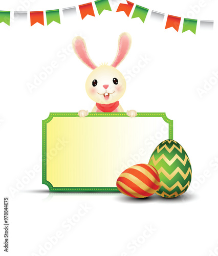 Cute Cartoon Bunny Holding Blank Board with Easter Eggs and Bunting Flags Decorated Background.