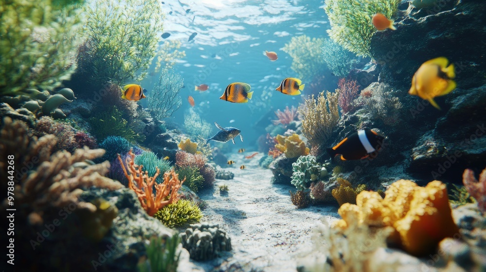 Fototapeta premium A peaceful underwater view of the ocean, showcasing colorful fish swimming among coral reefs in a natural, outdoor environment.
