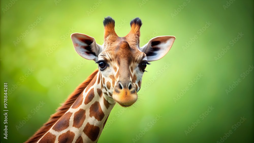 Fototapeta premium Portrait of a young giraffe against a light green background, giraffe, young, portrait, animal, wildlife, nature, green, background