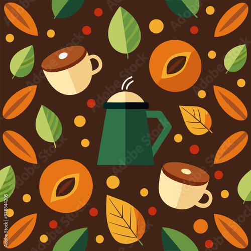 Hot coffee drink abstract geometric pattern. Geometrical shape composition, retro vector background or corporate identity abstract pattern with coffee bean, leaf, turkish jezve, takeaway paper cup