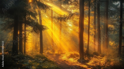 Yellow light beams shining through a dense forest at dawn, casting golden hues on the ground.