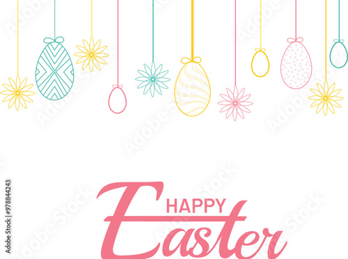 Happy Easter Greeting Card Decorated with Hanging Colorful Eggs and Flowers in Linear Style.