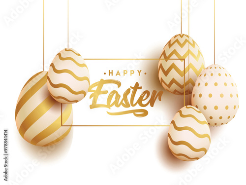 Happy Easter Poster Design Decorated with 3D Golden Printed Eggs Hang.