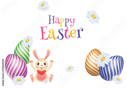 Happy Easter Celebration Poster Design with Glossy Colorful Printed Eggs, Daisy Flowers and Cute Bunny Character.