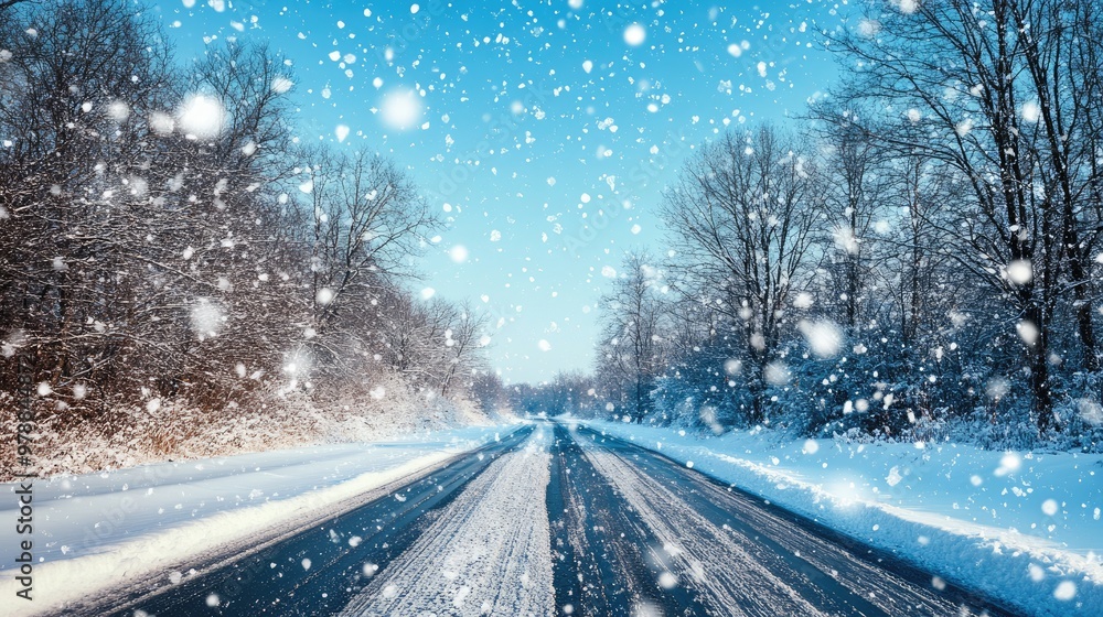 A quiet, snow-covered road with gentle snowflakes falling under a bright blue sky, evoking a sense of winter calmness and beauty. A quiet, snow-covered road with gentle snowflakes falling under a bright blue sky, evoking a sense of winter calmness and beauty.