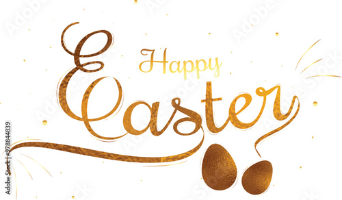 Happy Easter Font with Brown Foil Eggs on White Background.