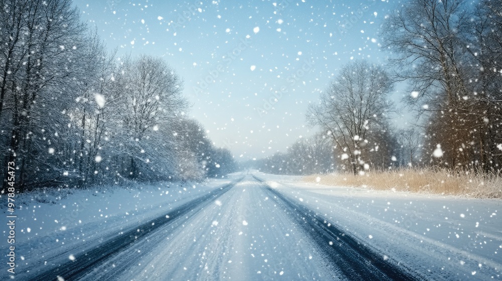 A quiet winter road blanketed with snow as snowflakes fall gently, with a crisp blue sky overhead, capturing a peaceful winter moment. A quiet winter road blanketed with snow as snowflakes fall gently, with a crisp blue sky overhead, capturing a peaceful winter moment.