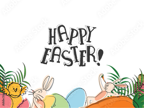 Doodle Style Illustration of Cute Bunnies with Chick Bird Enjoys Eggs, Carrot on White Background for Happy Easter Festival.