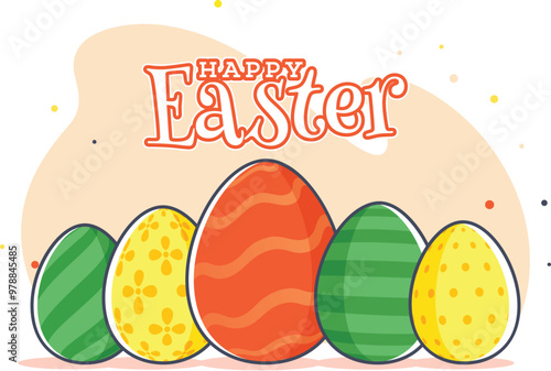 Happy Easter Greeting Card with Flat Colorful Eggs Illustration.