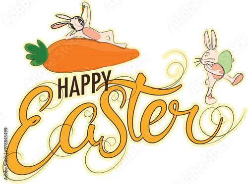 Happy Easter Celebration Greeting Card with Doodle Style Bunnies Character, Carrot on White Background.