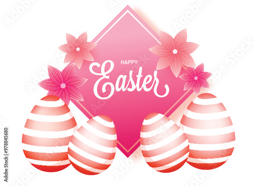 Happy Easter Celebration Greeting Card Decorated with Pink Flowers and Shiny Eggs Illustration.
