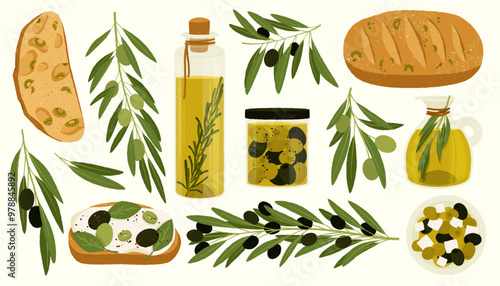 Olive products. Cartoon organic oil and leaf, natural olive cosmetic ingredients for skin care, healthy vegetarian food. Vector isolated set.eps