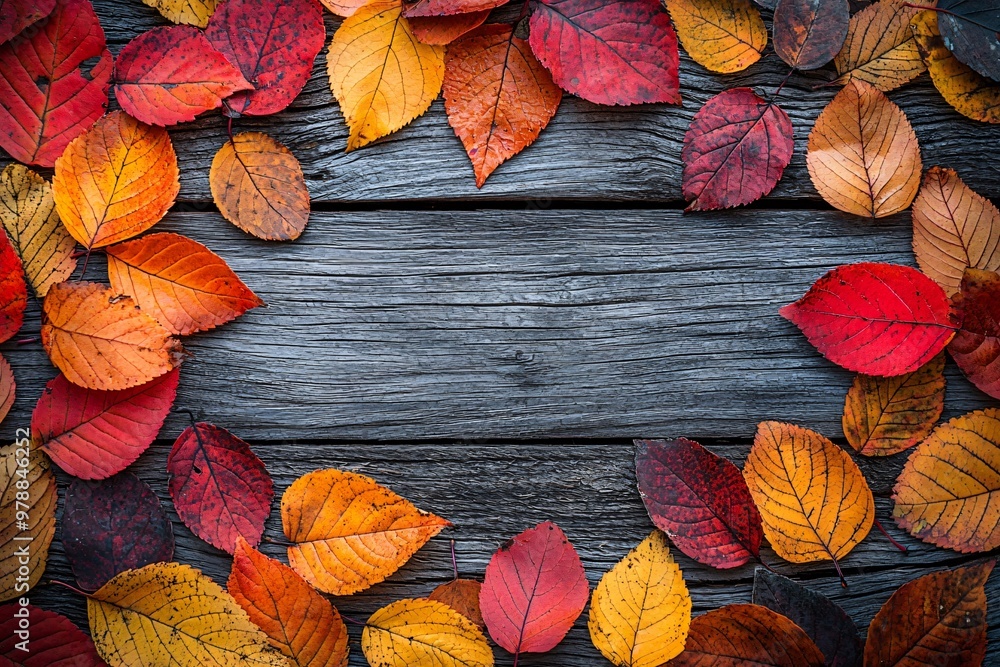 Fototapeta premium A vibrant arrangement of colorful autumn leaves on a rustic wooden surface, perfect for Thanksgiving and Halloween-themed greetings or invitations, with ample copy space.