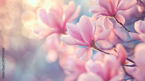 Tranquil morning scene with pink magnolia blossoms