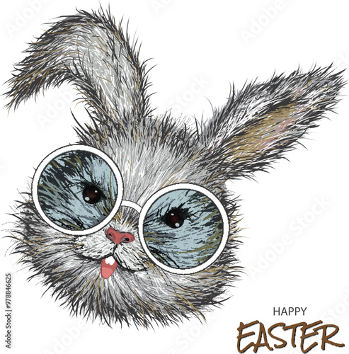Happy Easter Greeting Card with Cute Cartoon Bunny Face Wear Goggles Illustration.