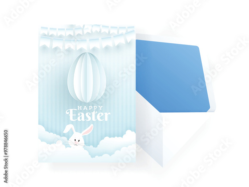 Paper Cut Happy Easter Greeting Card with Egg Hang, Cute Bunny on Cloudy View and Envelope Illustration.