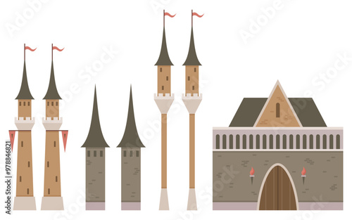 A series of medieval castle elements including two tall towers with flags, three conical-roof towers, two tall watchtowers with flags, and a large gatehouse. Ideal for historical themes, medieval photo