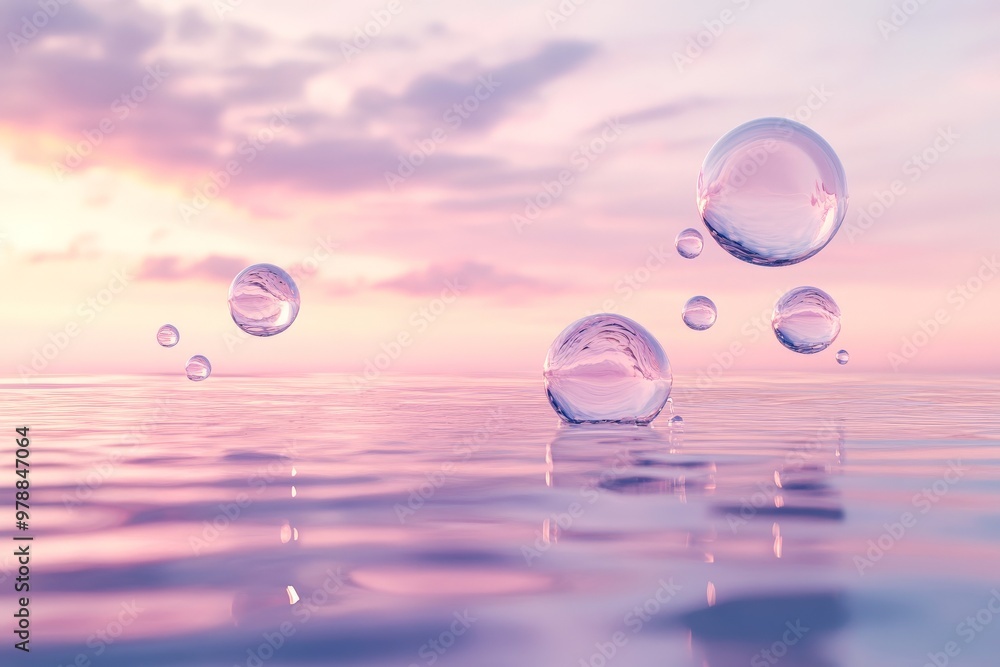 Tranquil pink sunset reflected in water with floating bubbles Tranquil pink sunset reflected in water with floating bubbles