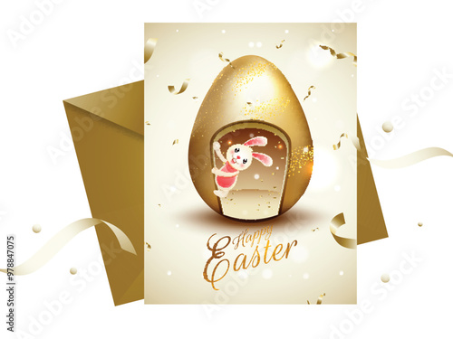 Happy Easter Celebration Greeting Card with Cute Bunny Sneaking Out from Golden Egg and Envelope Illustration.