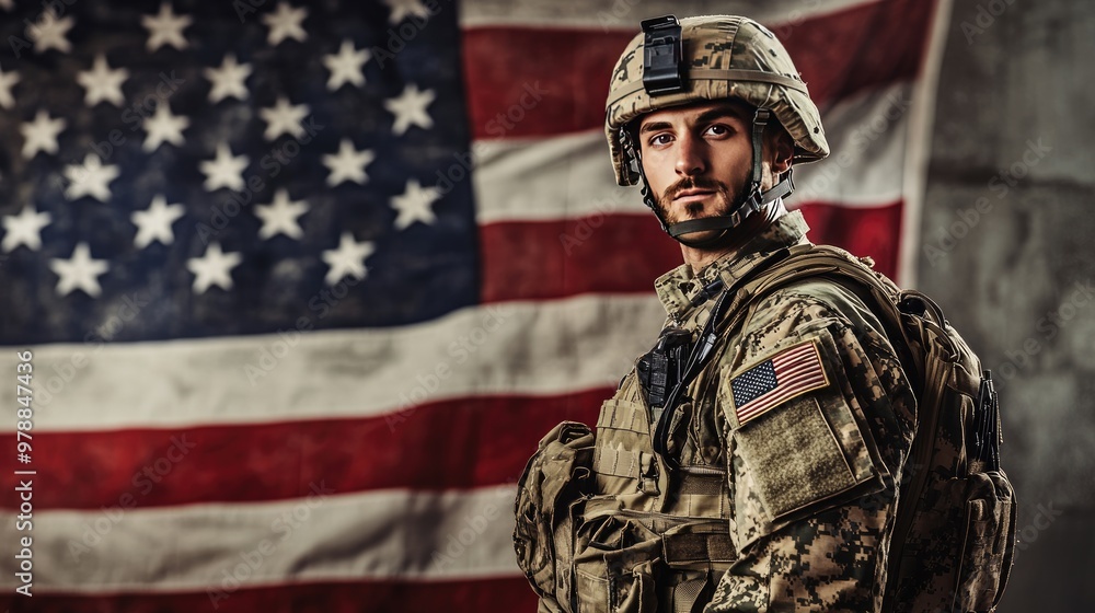 A strong military soldier with the USA flag billowing behind him, creating a patriotic banner for Memorial Day or Veterans Day A strong military soldier with the USA flag billowing behind him, creating a patriotic banner for Memorial Day or Veterans Day