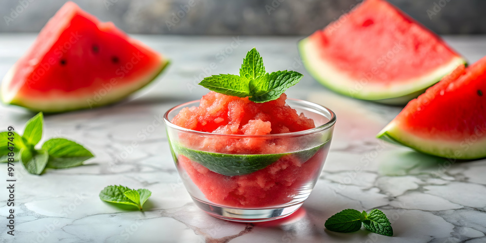 Watermelon granita served in a glass cup on a marble table with a fresh watermelon slice , summer, refreshment, dessert, sweet Watermelon granita served in a glass cup on a marble table with a fresh watermelon slice , summer, refreshment, dessert, sweet