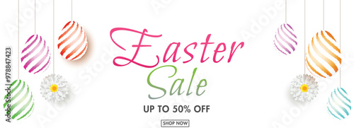 Easter Sale Banner or Header Design with Colorful Eggs Hang and Special Offers.