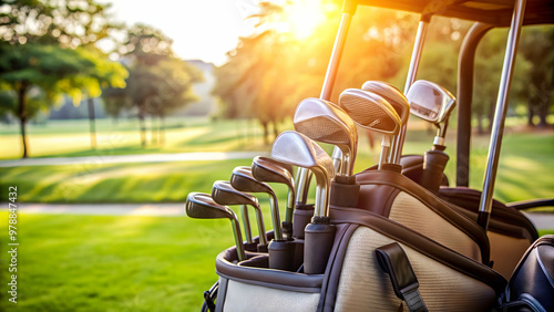 Close up of various golf clubs neatly arranged in a bag on a golf buggy , golf, bag, clubs, equipment, sports, accessories