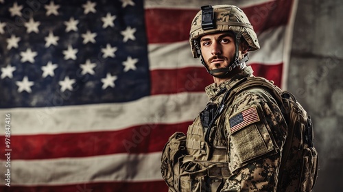 A strong military soldier with the USA flag billowing behind him, creating a patriotic banner for Memorial Day or Veterans Day