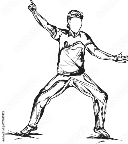 Sketching illustration of faceless cricket bowler giving a run out hand signal in standing pose.