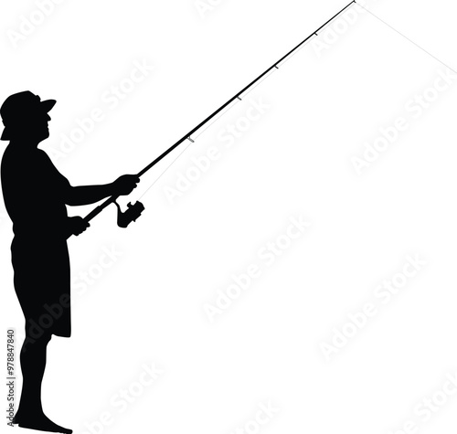 Silhouette of man fishing full body illustration