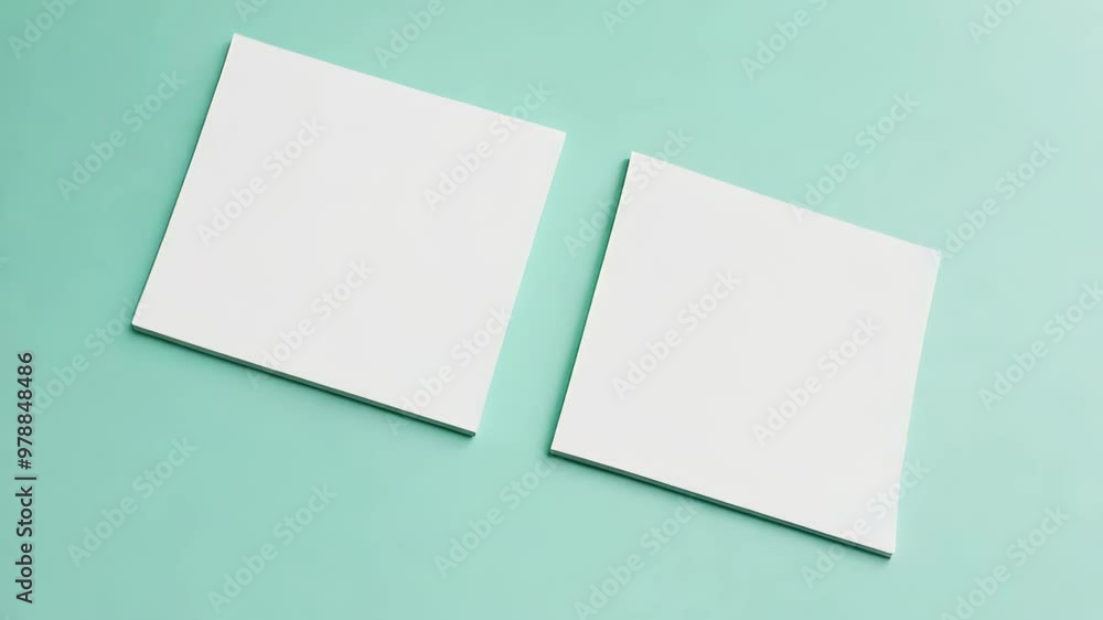 A minimalist image of two blank white sheets on a soft turquoise background, ideal for mockups or presentations, conveying modern design and an uncluttered aesthetic. A minimalist image of two blank white sheets on a soft turquoise background, ideal for mockups or presentations, conveying modern design and an uncluttered aesthetic.